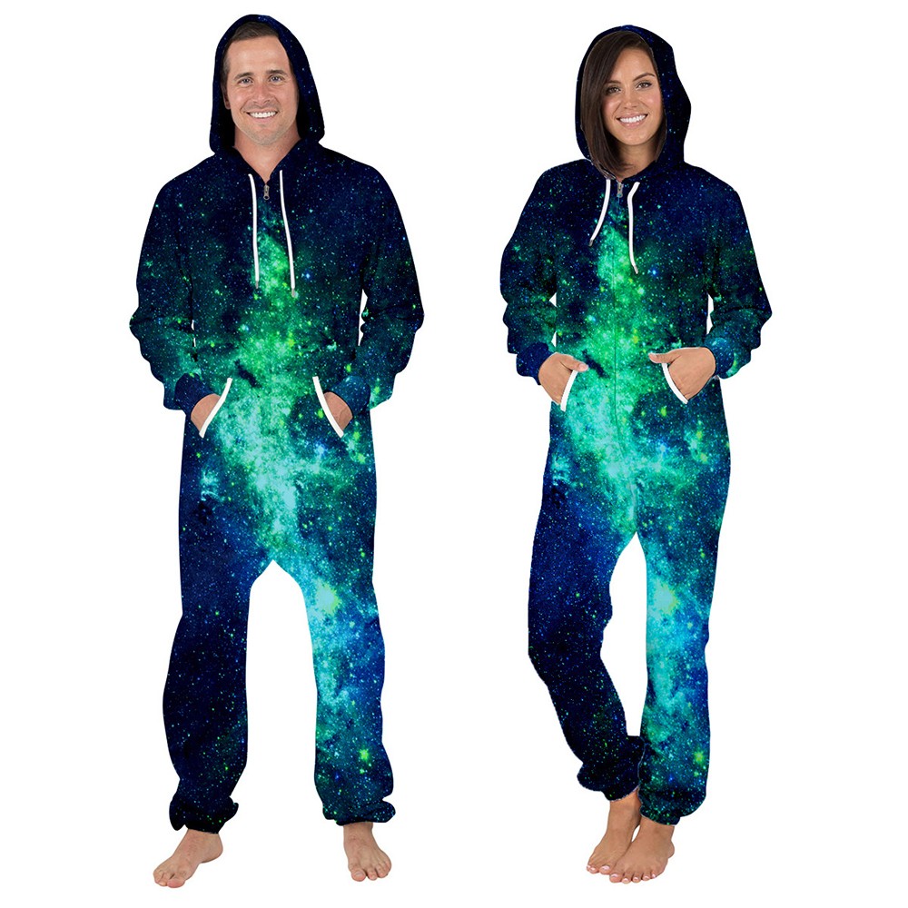 Green Galaxy Onesie Hooded Jumpsuit 3D Zip Up Sweatshirt Jumpsuit For ...