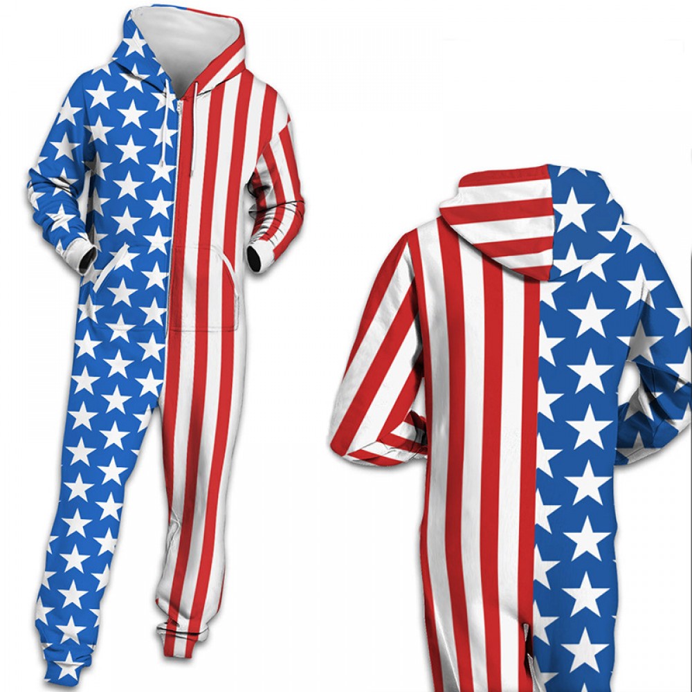 USA American Flag Hooded Jumpsuit Onesie 3D Zip Up Sweatshirt Jumpsuit ...