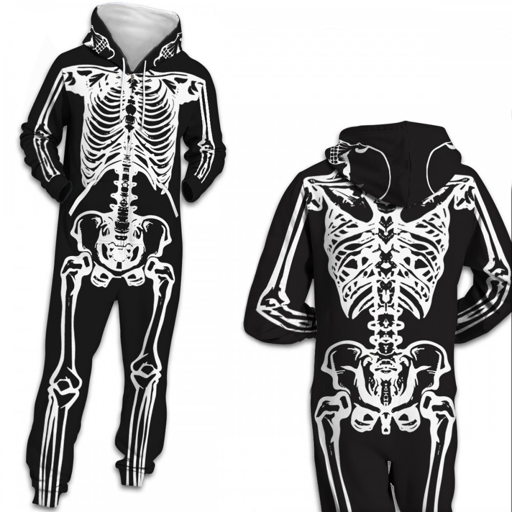 Skull Hooded Jumpsuit Onesie 3D Zip Up Sweatshirt Jumpsuit For Men ...
