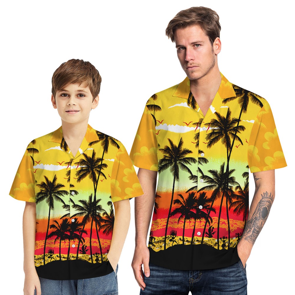 Tropical Hawaiian Aloha Shirt Beach Palm Yellow Casual Button-Down ...