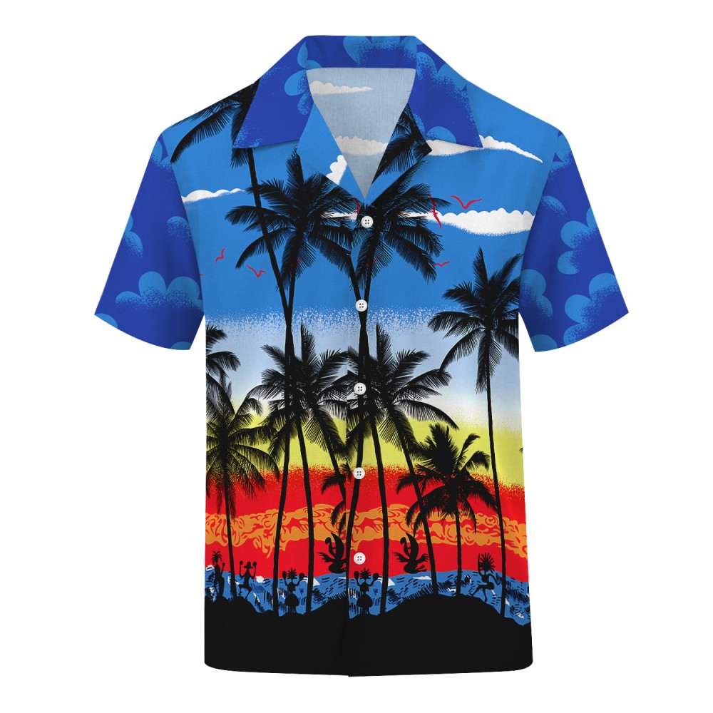 Tropical Hawaiian Aloha Shirt Beach Palm Blue Casual Button-Down Shirts ...
