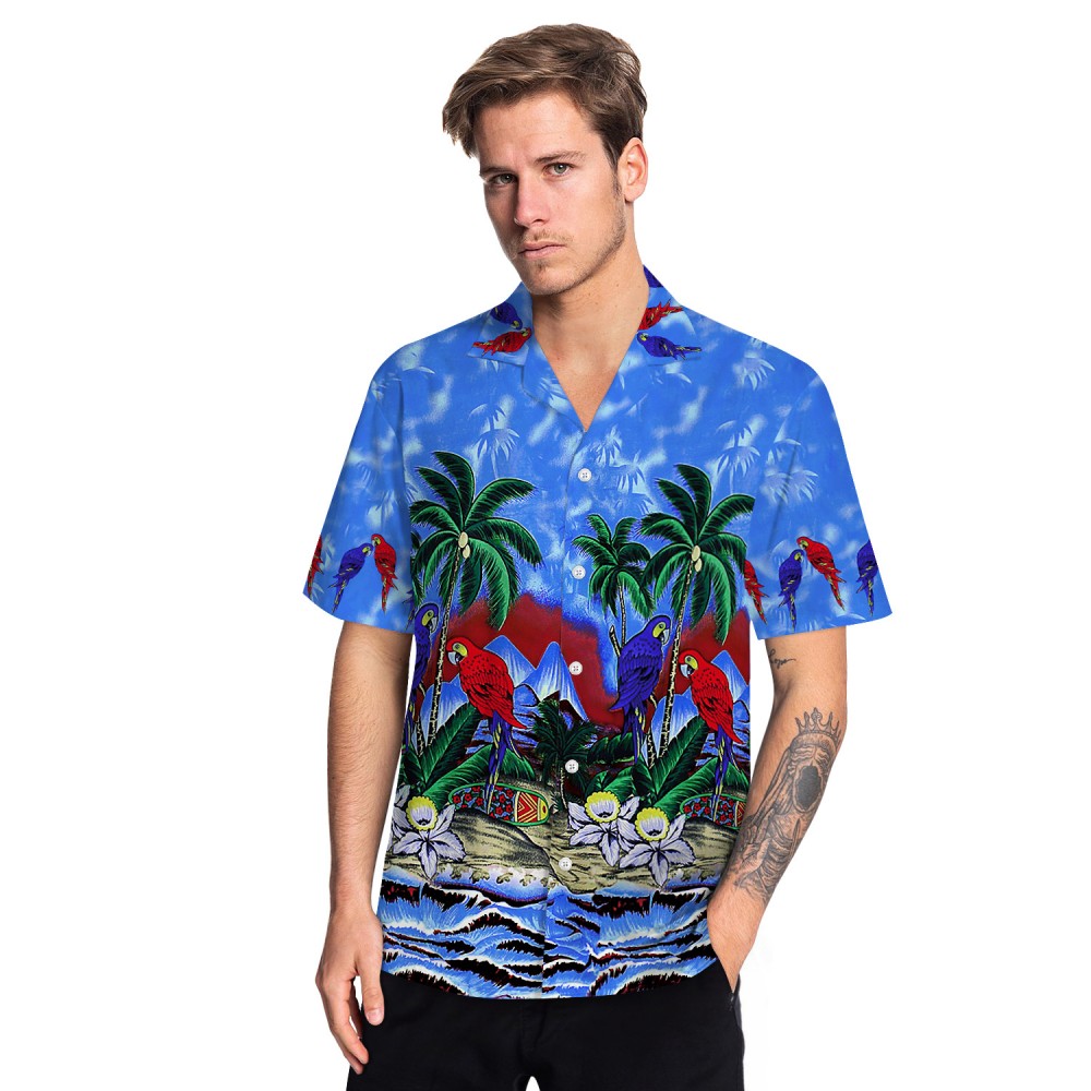 Tropical Hawaiian Aloha Shirt Parrot Palm Blue Casual Button-Down ...