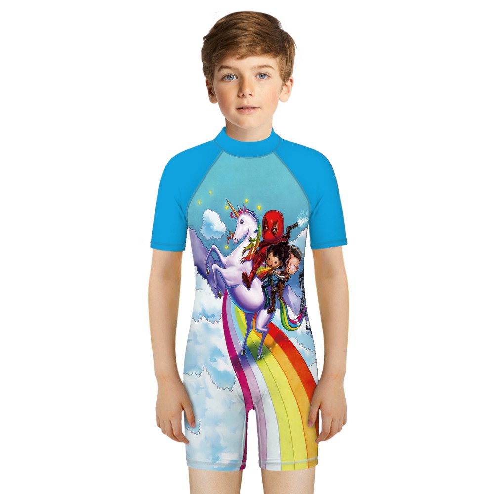 Kid's Unicorn One-Piece Swimsuit Blue 3D Short Sleeve Swimwear For Boys ...