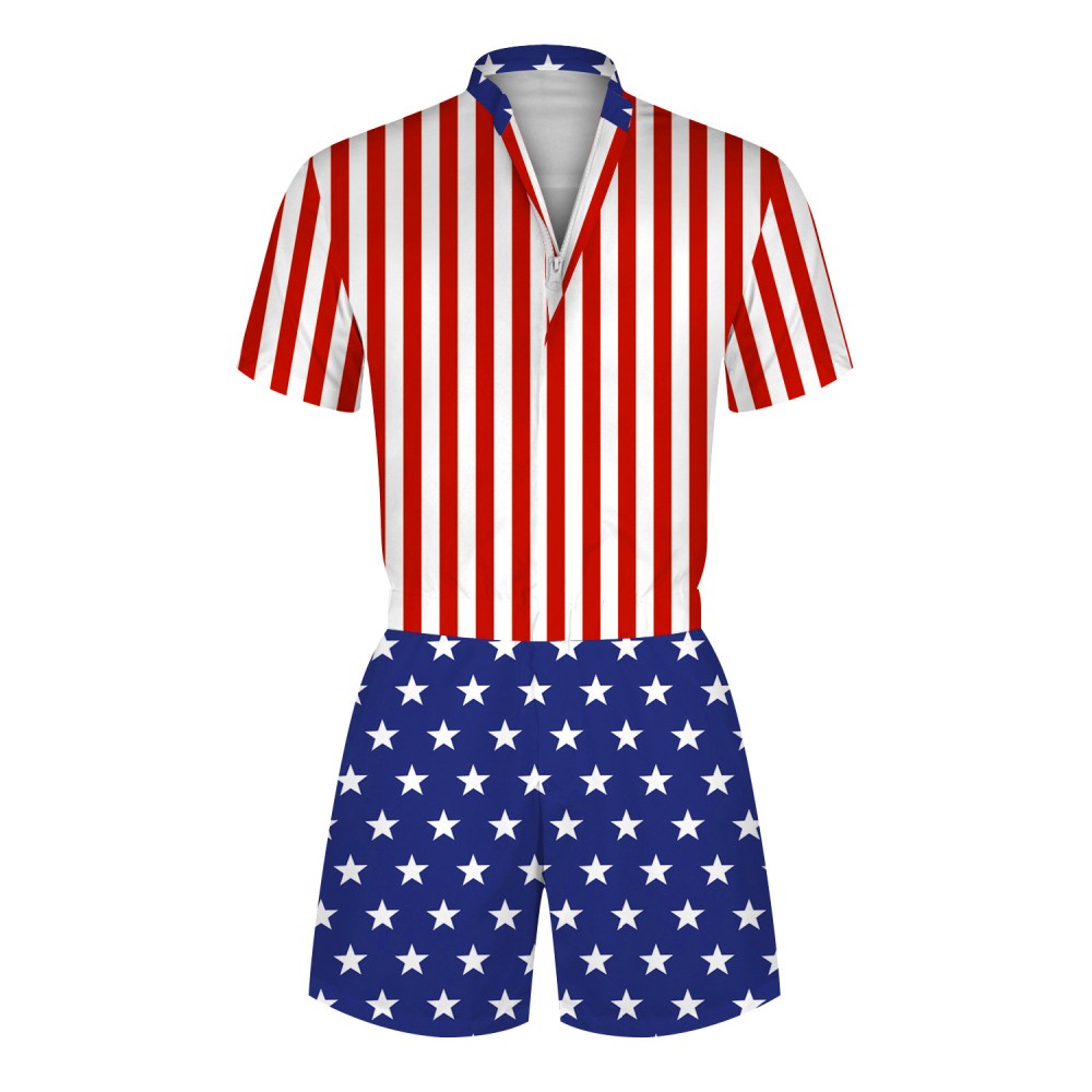 USA American Flag Romper Shorts 3D Zip Up Short Sleeve Jumpsuit One Piece O...