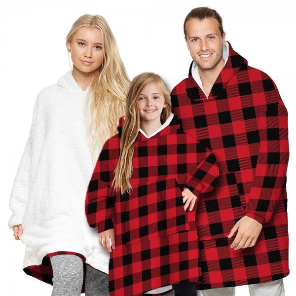 Plaid Oversized Blanket Hoodie Sherpa Plush Warm Two-Sided Wearable Sweatshirt For Men Women Kid Family Matching