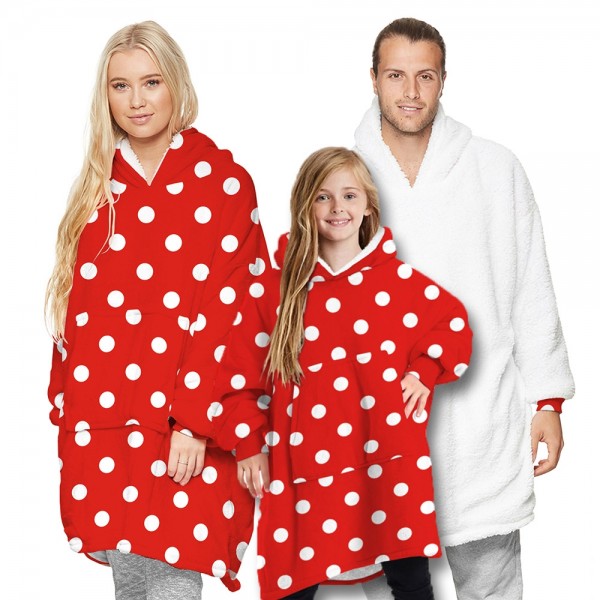 Red Dot Oversized Blanket Hoodie Sherpa Plush Warm Two-Sided Wearable Sweatshirt For Men Women Kid Family Matching
