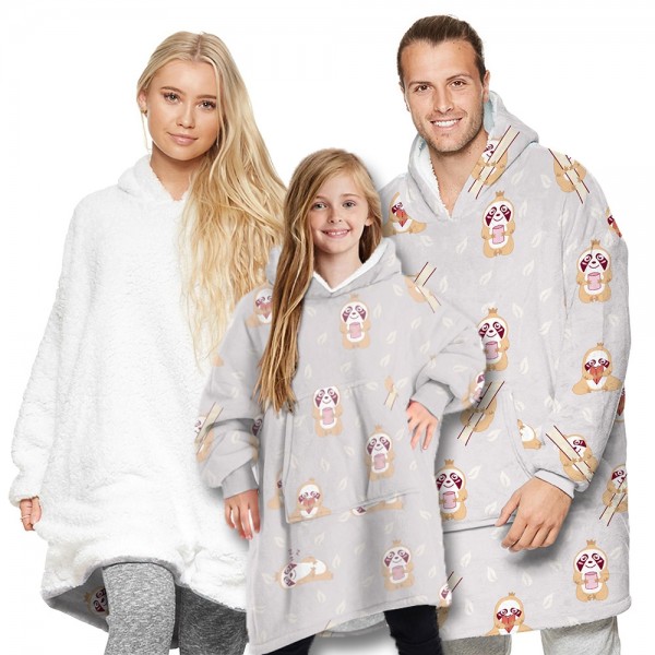 Grey Oversized Blanket Hoodie Sherpa Plush Warm Two-Sided Wearable Sweatshirt For Men Women Kid Family Matching
