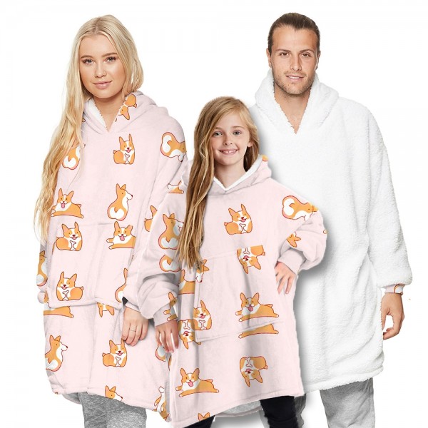 Puppy Pink Oversized Blanket Hoodie Sherpa Plush Warm Two-Sided Wearable Sweatshirt For Men Women Kid Family Matching