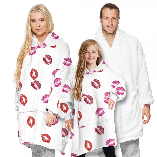 Lips White Oversized Blanket Hoodie Sherpa Plush Warm Two-Sided Wearable Sweatshirt For Men Women Kid Family Matching