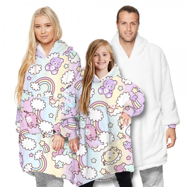Purple Bear Oversized Blanket Hoodie Sherpa Plush Warm Two-Sided Wearable Sweatshirt For Men Women Kid Family Matching