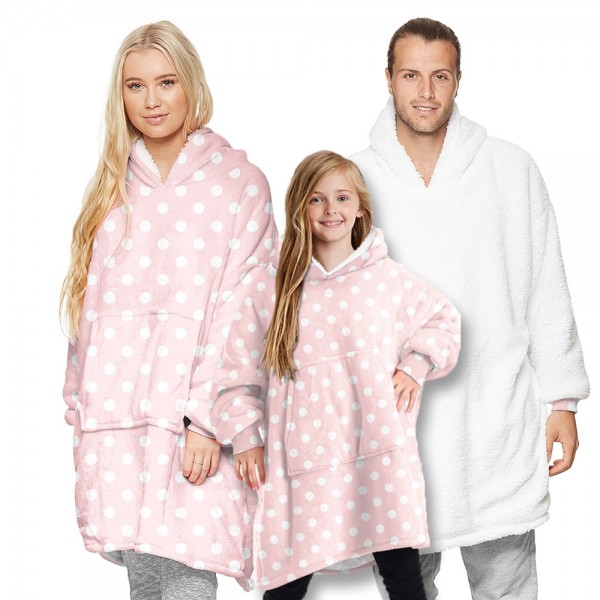 Pink Dot Oversized Blanket Hoodie Sherpa Plush Warm Two-Sided Wearable Sweatshirt For Men Women Kid Family Matching