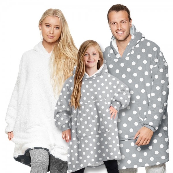 Grey Dot Oversized Blanket Hoodie Sherpa Plush Warm Two-Sided Wearable Sweatshirt For Men Women Kid Family Matching