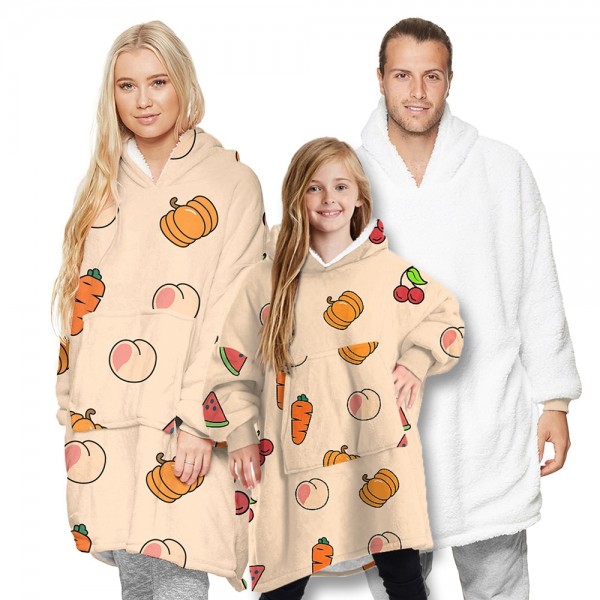 Beige Fruit Oversized Blanket Hoodie Sherpa Plush Warm Two-Sided Wearable Sweatshirt For Men Women Kid Family Matching