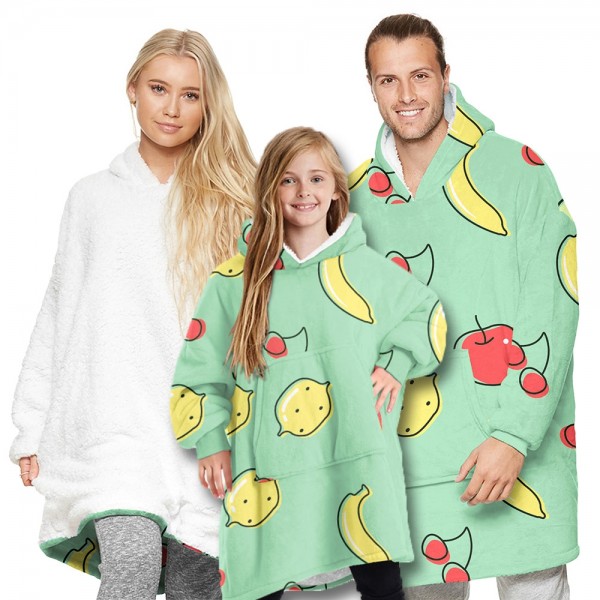 Green Fruit Oversized Blanket Hoodie Sherpa Plush Warm Two-Sided Wearable Sweatshirt For Men Women Kid Family Matching