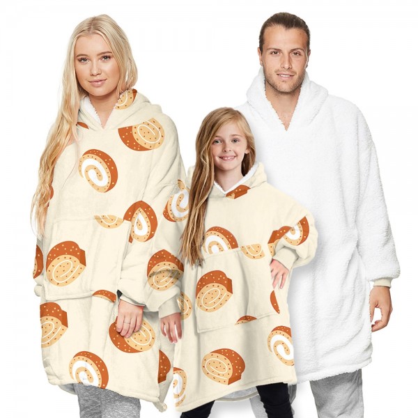Beige Bread Oversized Blanket Hoodie Sherpa Plush Warm Two-Sided Wearable Sweatshirt For Men Women Kid Family Matching