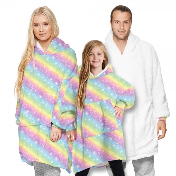 Rainbow Striped Oversized Blanket Hoodie Sherpa Plush Warm Two-Sided Wearable Sweatshirt For Men Women Kid Family Matching