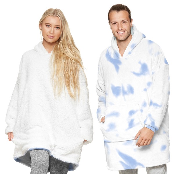 White Tie Dye Oversized Blanket Hoodie Sherpa Plush Warm Two-Sided Wearable Sweatshirt For Men Women Kid Family Matching