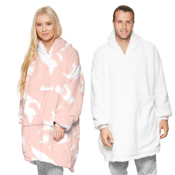 Pink Tie Dye Oversized Blanket Hoodie Sherpa Plush Warm Two-Sided Wearable Sweatshirt For Men Women Kid Family Matching