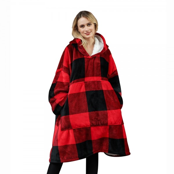 Red Black Checkered Oversized Blanket Hoodie Flannel Sherpa Plush Warm Sweatshirt