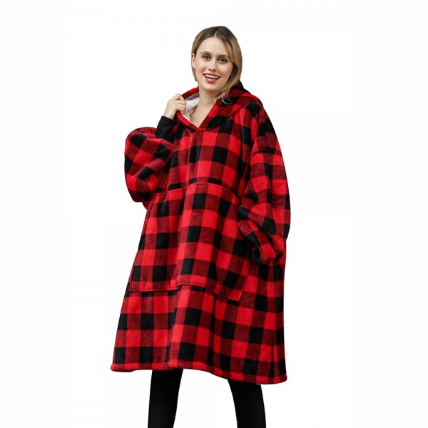 Red Black Gien Check Oversized Blanket Hoodie Flannel Sherpa Plush Warm Sweatshirt