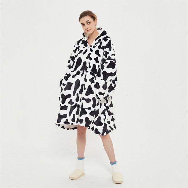 Cow Pattern Oversized Blanket Hoodie Flannel Sherpa Plush Warm Sweatshirt