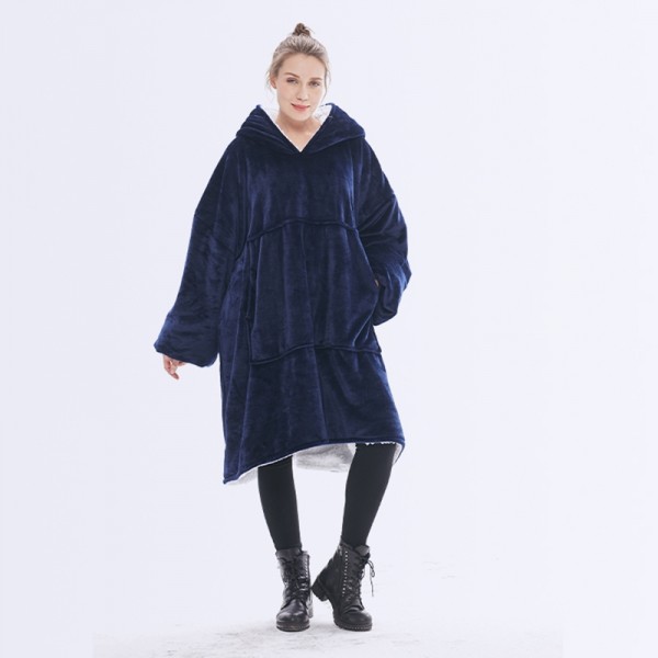 Dark Blue Oversized Blanket Hoodie Flannel Sherpa Plush Warm Sweatshirt