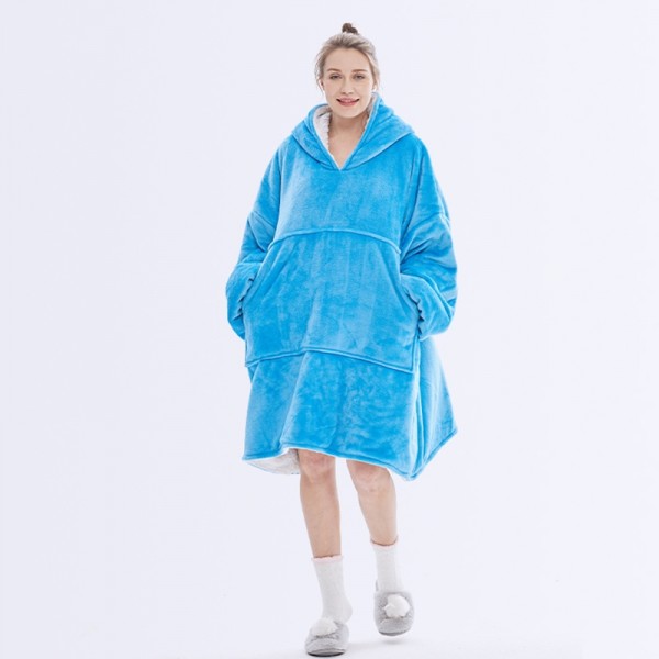 Light Blue Oversized Blanket Hoodie Flannel Sherpa Plush Warm Sweatshirt
