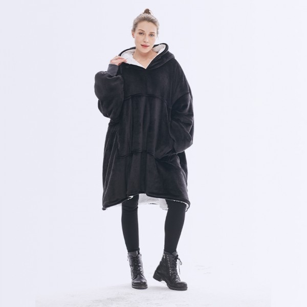 Black Oversized Blanket Hoodie Flannel Sherpa Plush Warm Sweatshirt