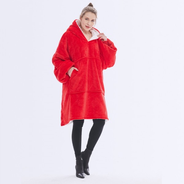 Red Oversized Blanket Hoodie Flannel Sherpa Plush Warm Sweatshirt