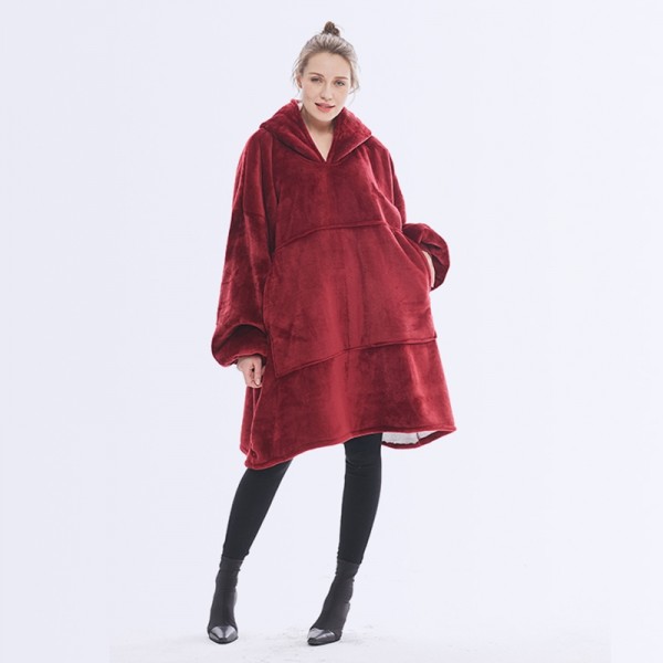 Wine Red Oversized Blanket Hoodie Flannel Sherpa Plush Warm Sweatshirt