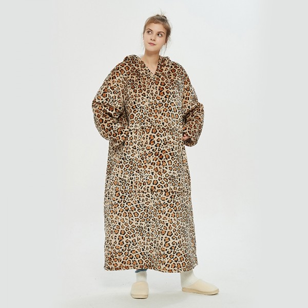 Leopard Oversized Blanket Hoodie Flannel Sherpa Plush Warm Long Hoodie Dress