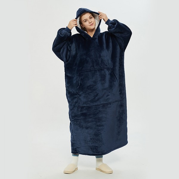 Dark Blue Oversized Blanket Hoodie Flannel Sherpa Plush Warm Long Hoodie Dress