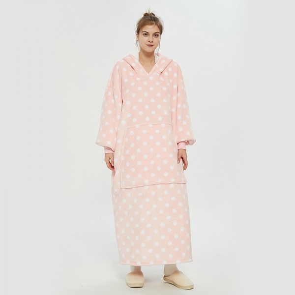 Pink Dot Oversized Blanket Hoodie Flannel Sherpa Plush Warm Long Hoodie Dress
