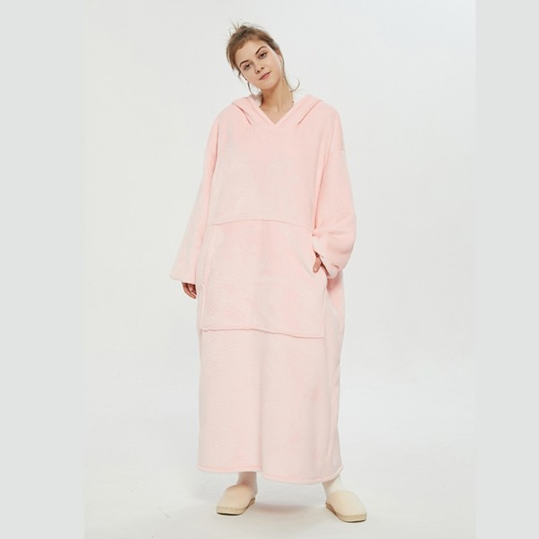 Pink Oversized Blanket Hoodie Flannel Sherpa Plush Warm Long Hoodie Dress