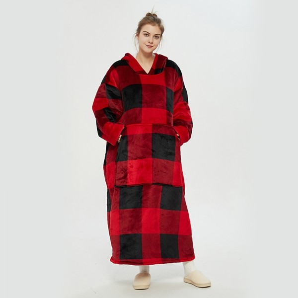 Red Black Checkered Oversized Blanket Hoodie Flannel Sherpa Plush Warm Long Hoodie Dress