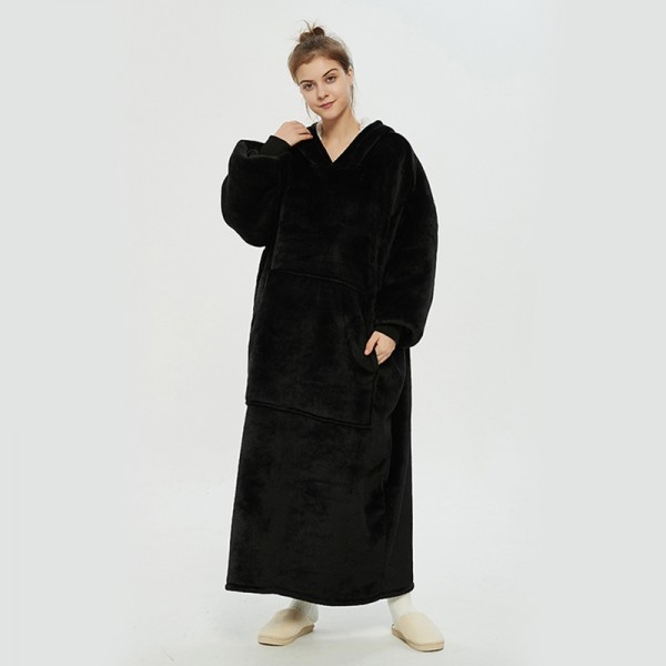 Black Oversized Blanket Hoodie Flannel Sherpa Plush Warm Long Hoodie Dress