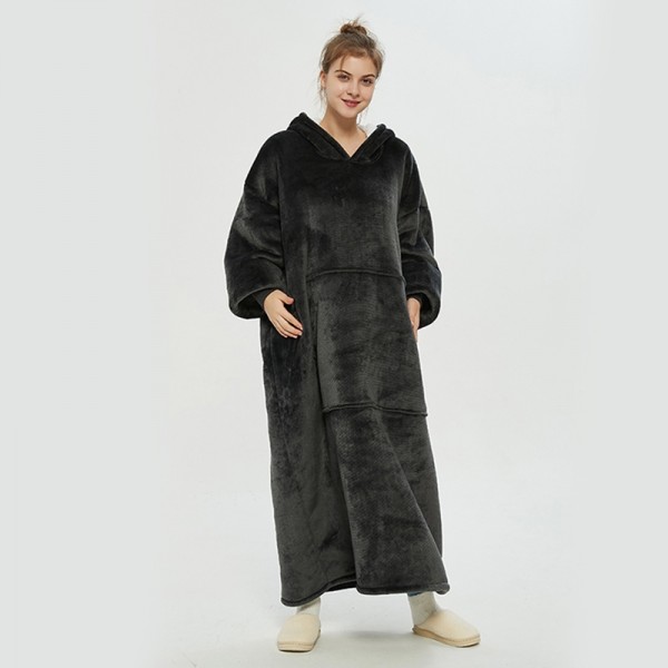 Grey Oversized Blanket Hoodie Flannel Sherpa Plush Warm Long Hoodie Dress