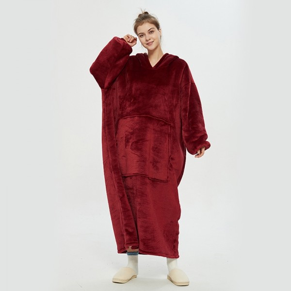 Wine Red Oversized Blanket Hoodie Flannel Sherpa Plush Warm Long Hoodie Dress