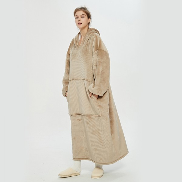 Khaki Oversized Blanket Hoodie Flannel Sherpa Plush Warm Long Hoodie Dress