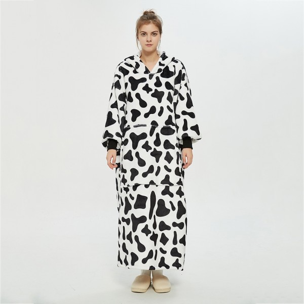 Cow Pattern Oversized Blanket Hoodie Flannel Sherpa Plush Warm Long Hoodie Dress