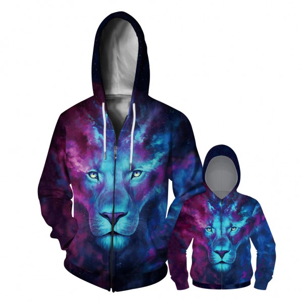 Galaxy Lion Zip Up Hoodie Jacket For Men Women Kids Family Matching Adult Children