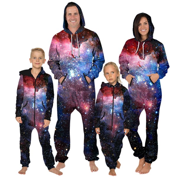 Galaxy Hooded Jumpsuit Onesie 3D Zip Up Sweatshirt Jumpsuit For Men Women Kid Family Matching