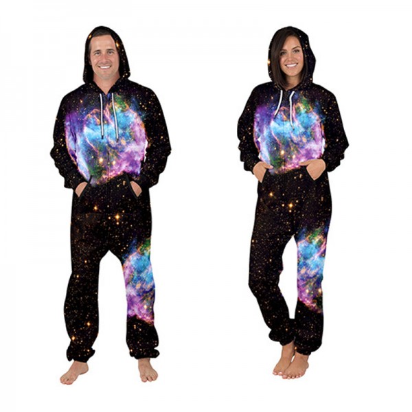 Black Galaxy Hooded Jumpsuit Onesie 3D Zip Up Sweatshirt Jumpsuit For Men & Women