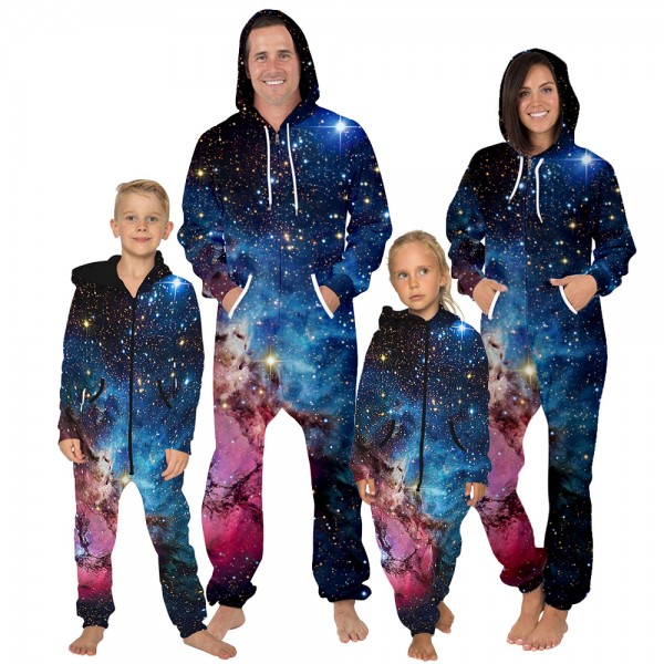 Blue Galaxy Onesie Hooded Jumpsuit 3D Zip Up Sweatshirt Jumpsuit For Men Women Kid Family Matching