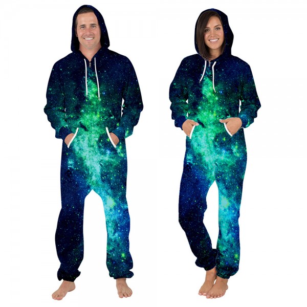 Green Galaxy Onesie Hooded Jumpsuit 3D Zip Up Sweatshirt Jumpsuit For Men & Women