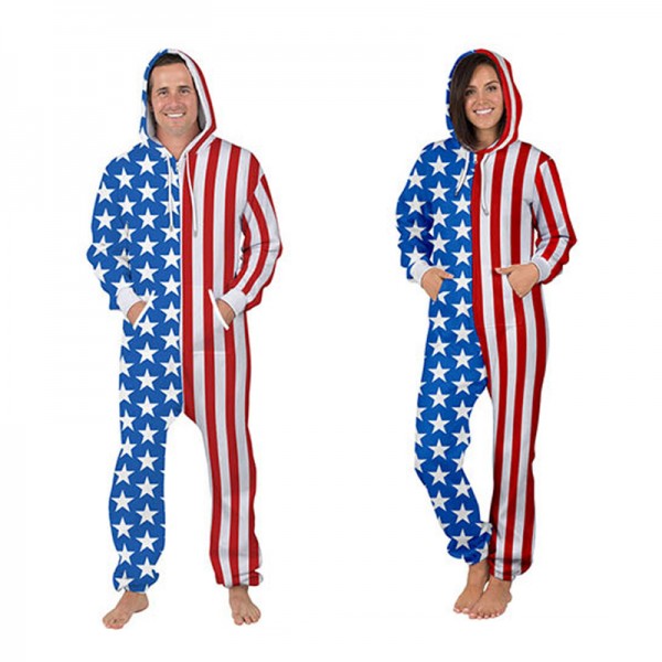 USA American Flag Hooded Jumpsuit Onesie 3D Zip Up Sweatshirt Jumpsuit For Men & Women