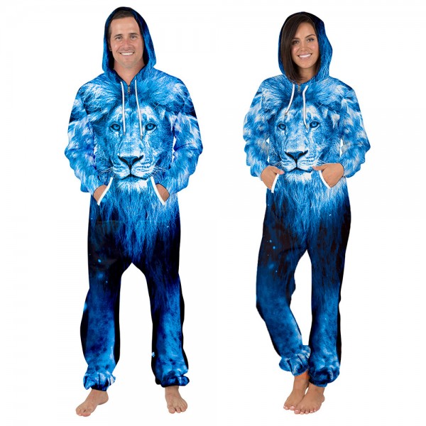 Blue Lion Hooded Jumpsuit Onesie 3D Zip Up Sweatshirt Jumpsuit For Men & Women