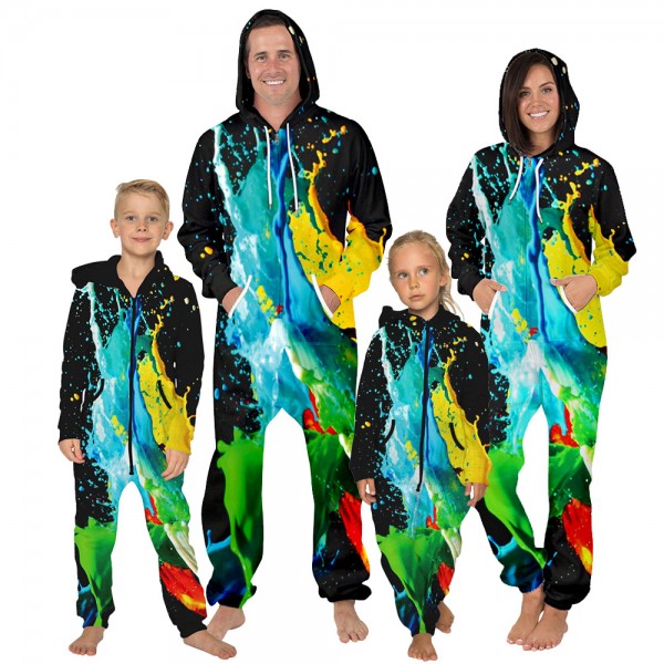 Colorful Paint Hooded Jumpsuit Onesie 3D Zip Up Sweatshirt Jumpsuit For Men Women Kid Family Matching