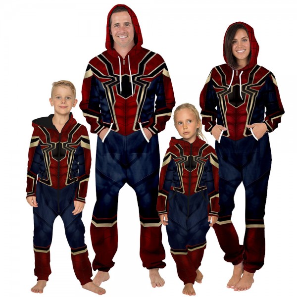 Iron Spider-Man Hooded Jumpsuit Onesie 3D Zip Up Sweatshirt Jumpsuit For Men Women Kid Family Matching