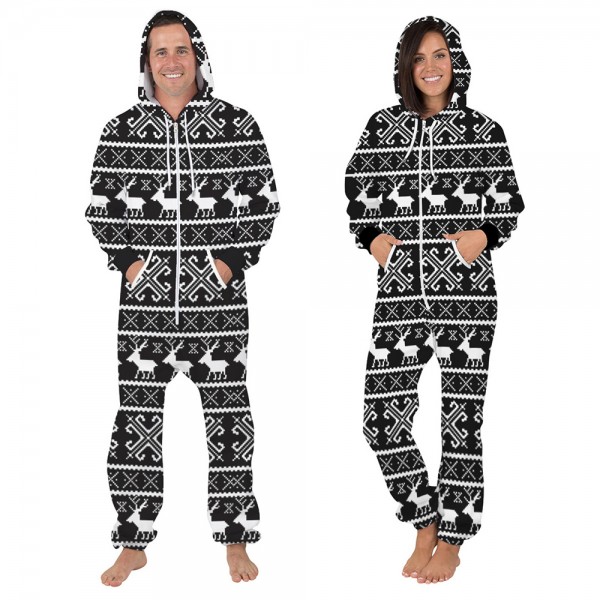 Christmas Elk Hooded Jumpsuit Onesie 3D Zip Up Black Sweatshirt Jumpsuit For Men & Women